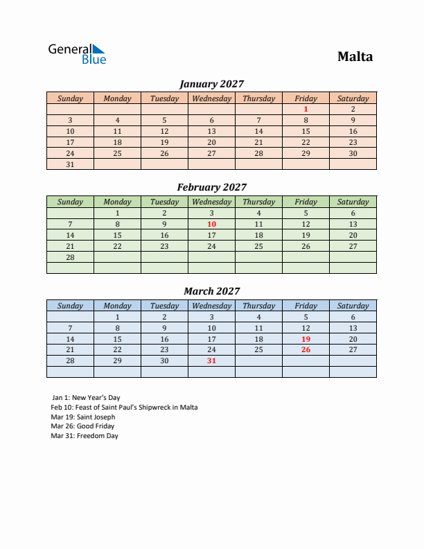 Q1 2027 Holiday Calendar - Malta