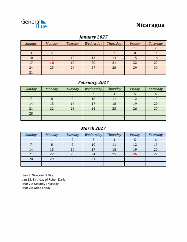 Q1 2027 Holiday Calendar - Nicaragua