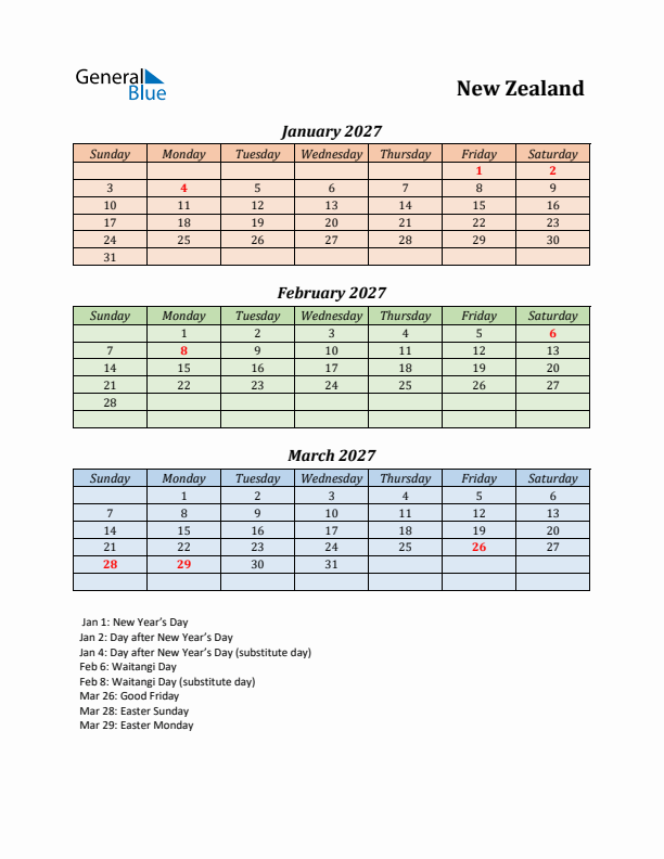 Q1 2027 Holiday Calendar - New Zealand