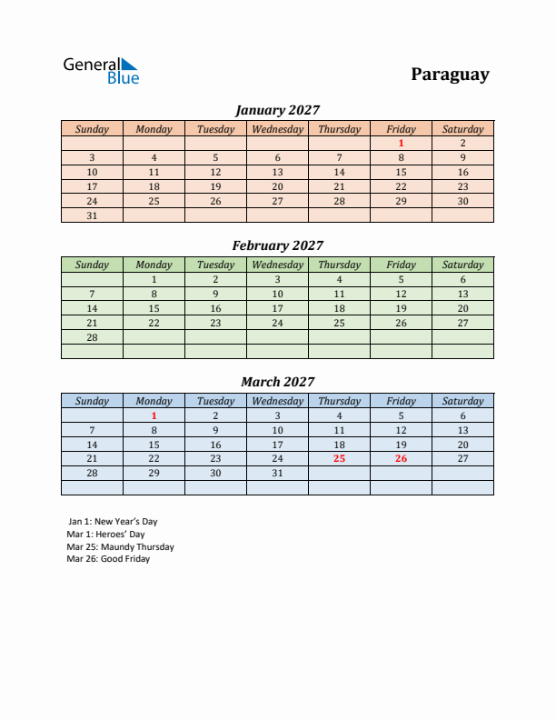 Q1 2027 Holiday Calendar - Paraguay