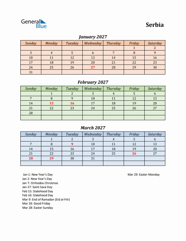 Q1 2027 Holiday Calendar - Serbia