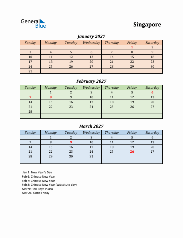 Q1 2027 Holiday Calendar - Singapore