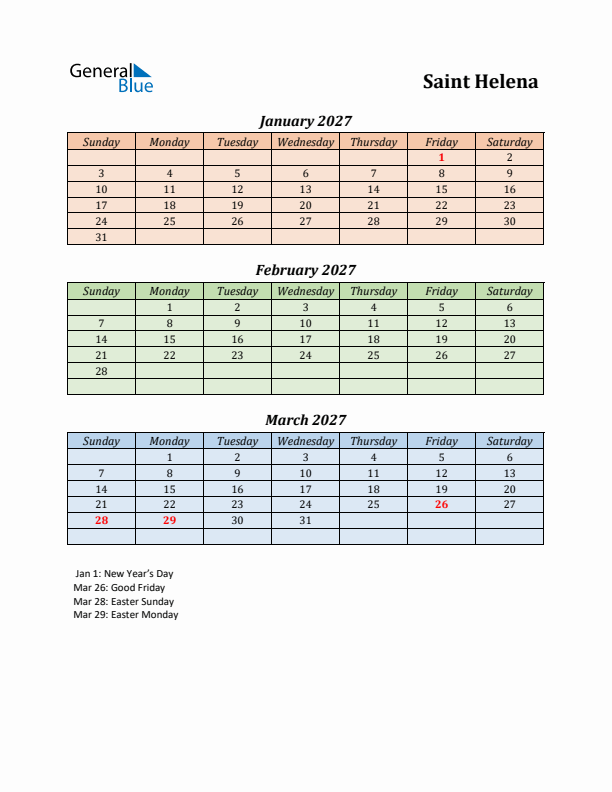 Q1 2027 Holiday Calendar - Saint Helena