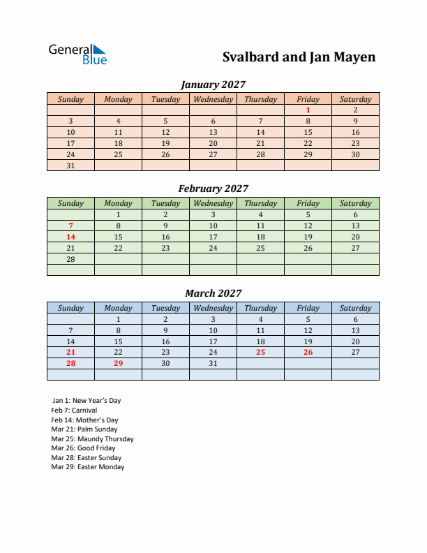 Q1 2027 Holiday Calendar - Svalbard and Jan Mayen