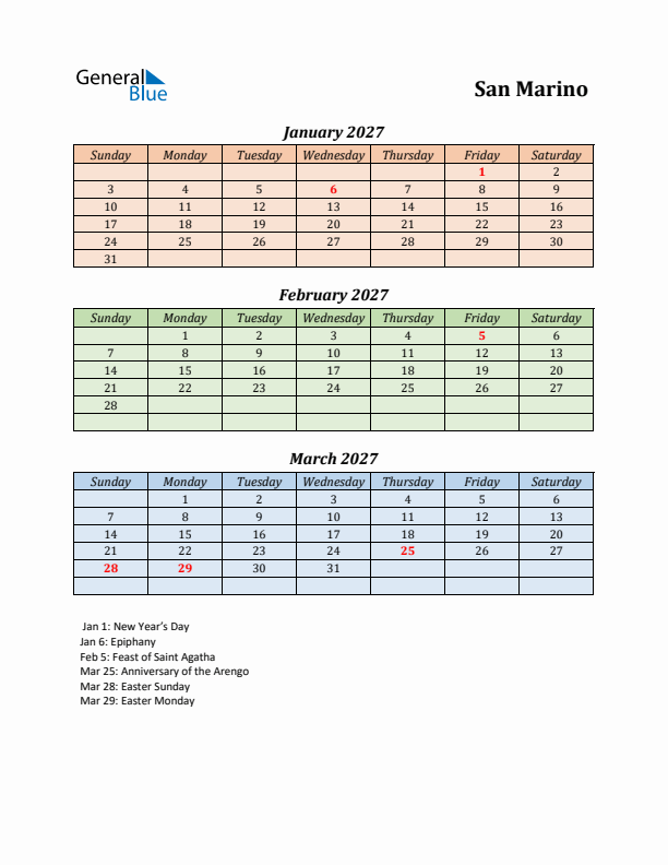 Q1 2027 Holiday Calendar - San Marino