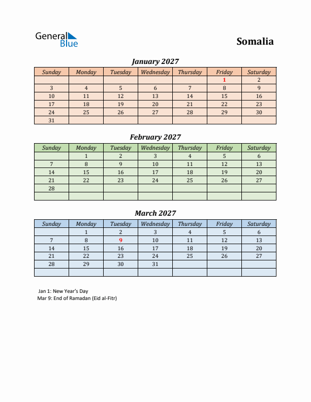 Q1 2027 Holiday Calendar - Somalia