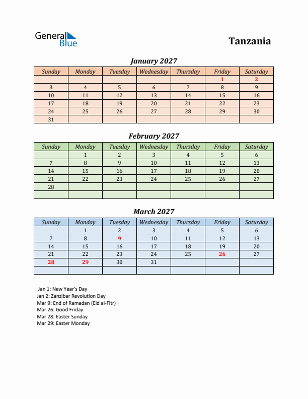 Q1 2027 Holiday Calendar - Tanzania