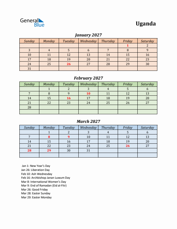 Q1 2027 Holiday Calendar - Uganda