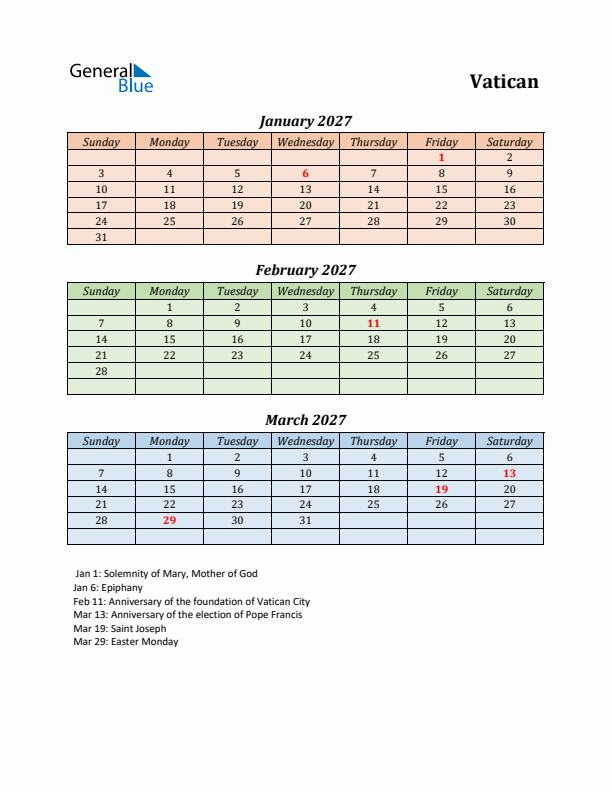 Q1 2027 Holiday Calendar - Vatican