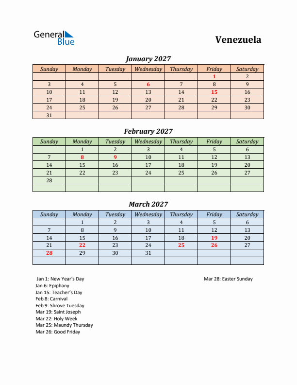 Q1 2027 Holiday Calendar - Venezuela