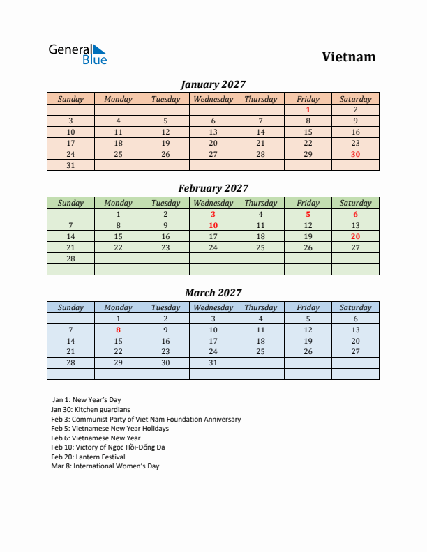 Q1 2027 Holiday Calendar - Vietnam