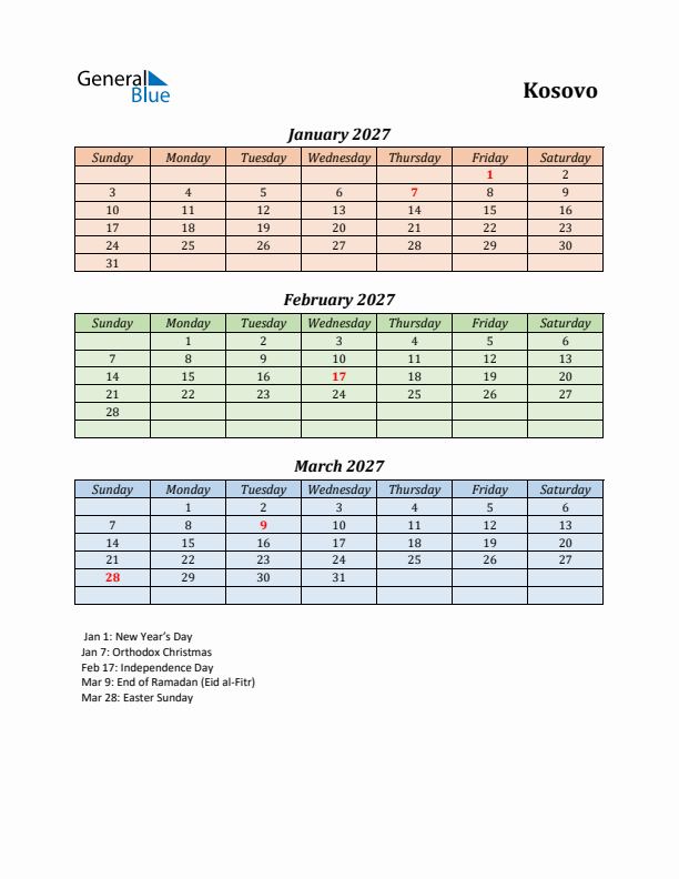 Q1 2027 Holiday Calendar - Kosovo