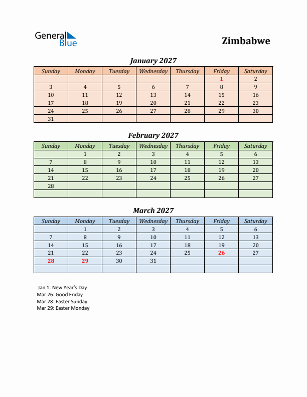 Q1 2027 Holiday Calendar - Zimbabwe