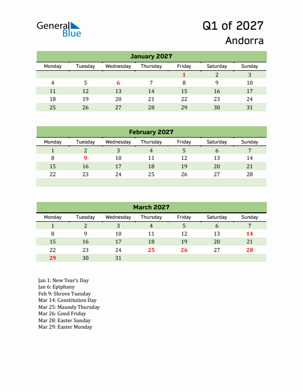 Quarterly Calendar 2027 with Andorra Holidays