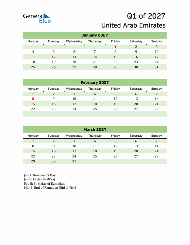 Quarterly Calendar 2027 with United Arab Emirates Holidays