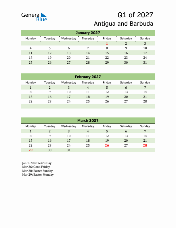 Quarterly Calendar 2027 with Antigua and Barbuda Holidays