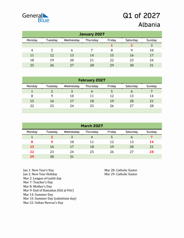 Quarterly Calendar 2027 with Albania Holidays