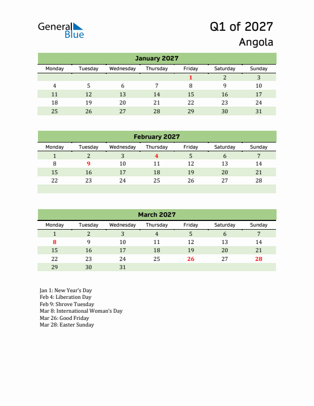 Quarterly Calendar 2027 with Angola Holidays