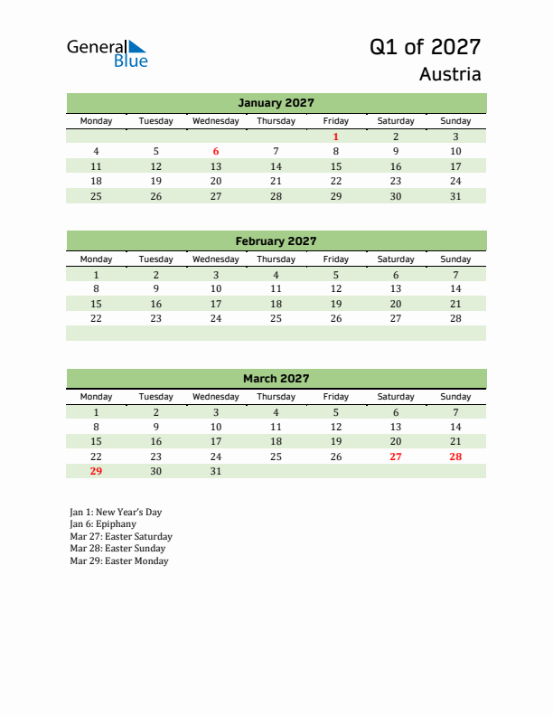 Quarterly Calendar 2027 with Austria Holidays