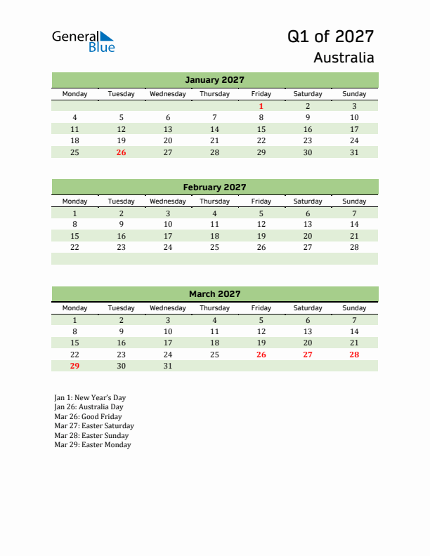 Quarterly Calendar 2027 with Australia Holidays