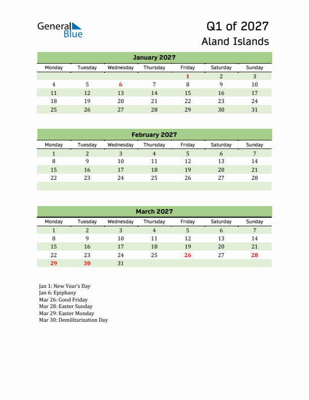 Quarterly Calendar 2027 with Aland Islands Holidays