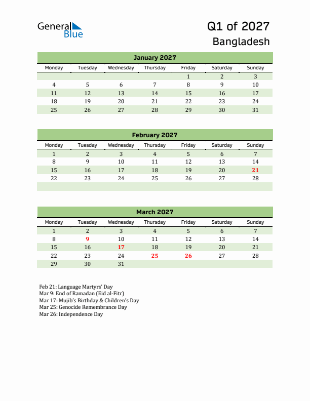 Quarterly Calendar 2027 with Bangladesh Holidays