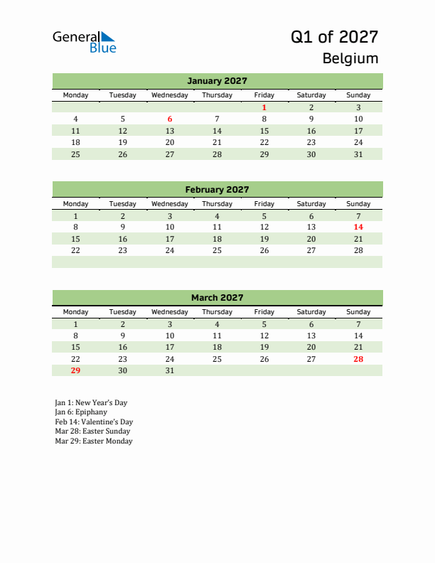 Quarterly Calendar 2027 with Belgium Holidays