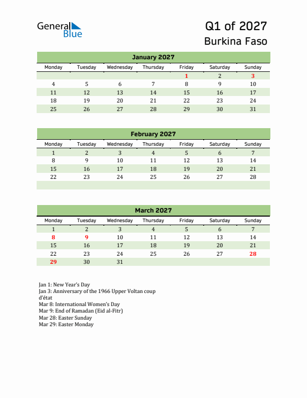 Quarterly Calendar 2027 with Burkina Faso Holidays