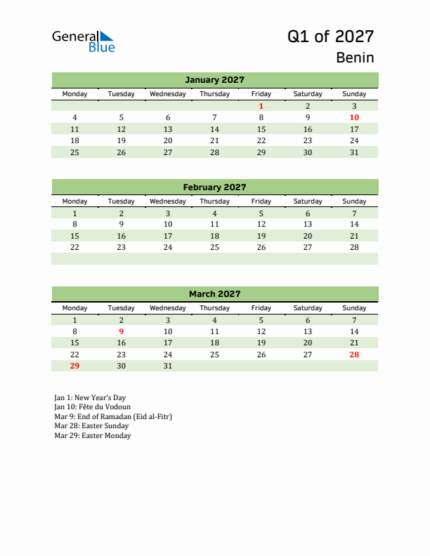 Quarterly Calendar 2027 with Benin Holidays