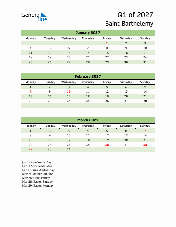 Quarterly Calendar 2027 with Saint Barthelemy Holidays