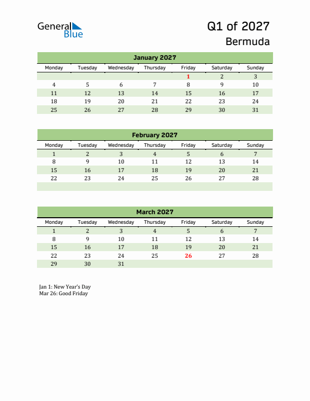 Quarterly Calendar 2027 with Bermuda Holidays