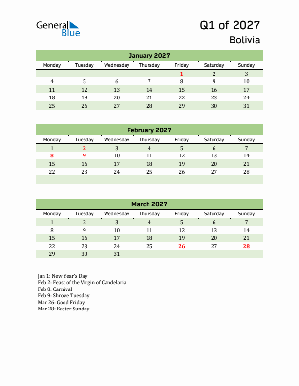 Quarterly Calendar 2027 with Bolivia Holidays