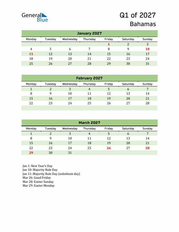 Quarterly Calendar 2027 with Bahamas Holidays