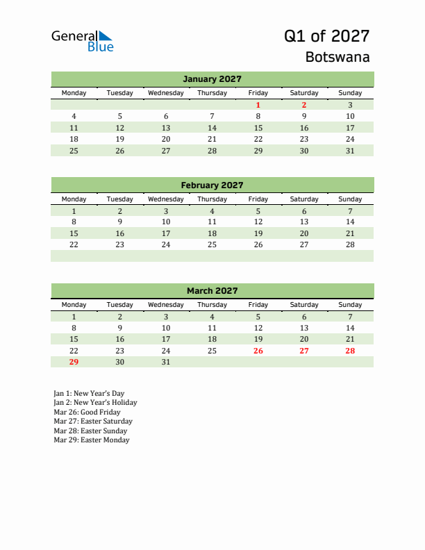 Quarterly Calendar 2027 with Botswana Holidays