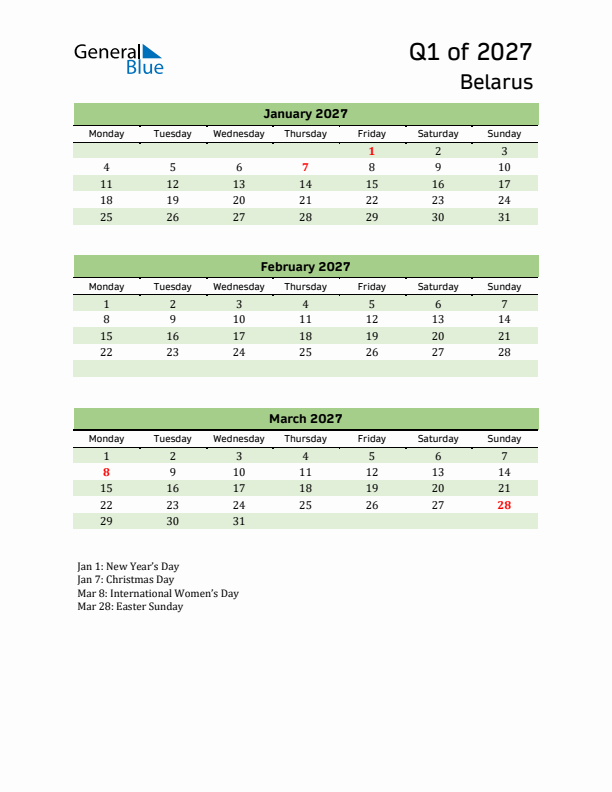 Quarterly Calendar 2027 with Belarus Holidays