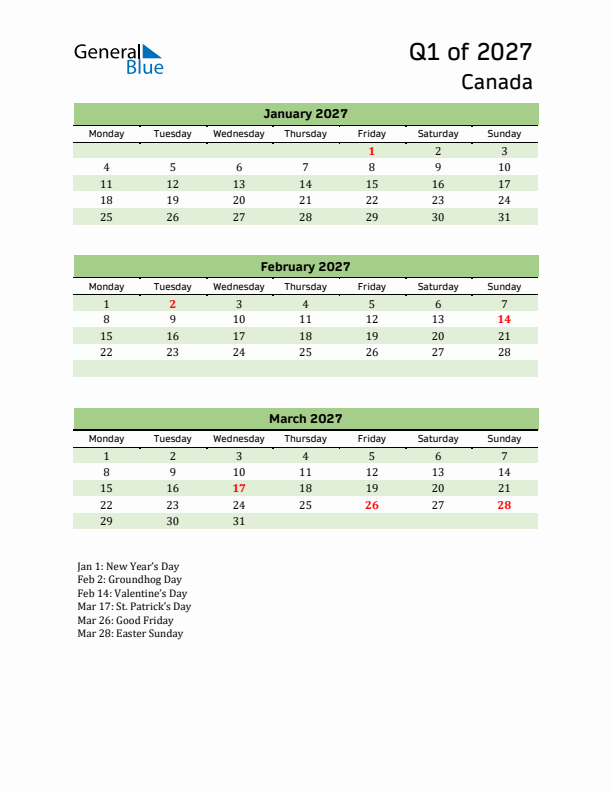 Quarterly Calendar 2027 with Canada Holidays