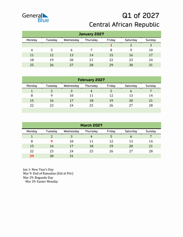 Quarterly Calendar 2027 with Central African Republic Holidays