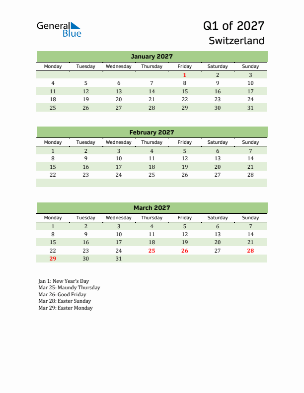 Quarterly Calendar 2027 with Switzerland Holidays