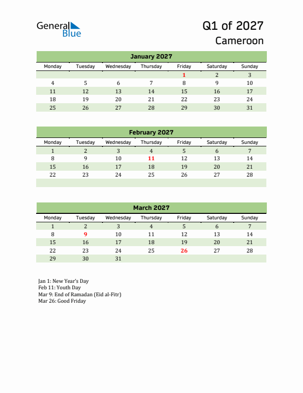 Quarterly Calendar 2027 with Cameroon Holidays