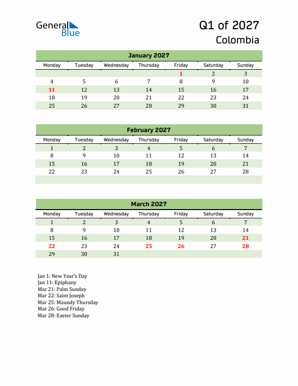 Quarterly Calendar 2027 with Colombia Holidays