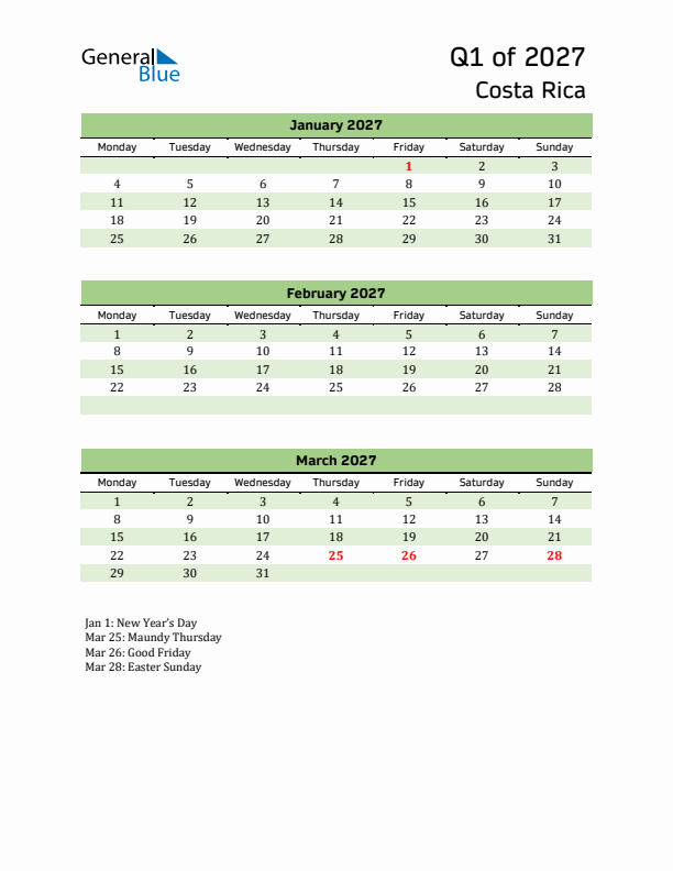 Quarterly Calendar 2027 with Costa Rica Holidays