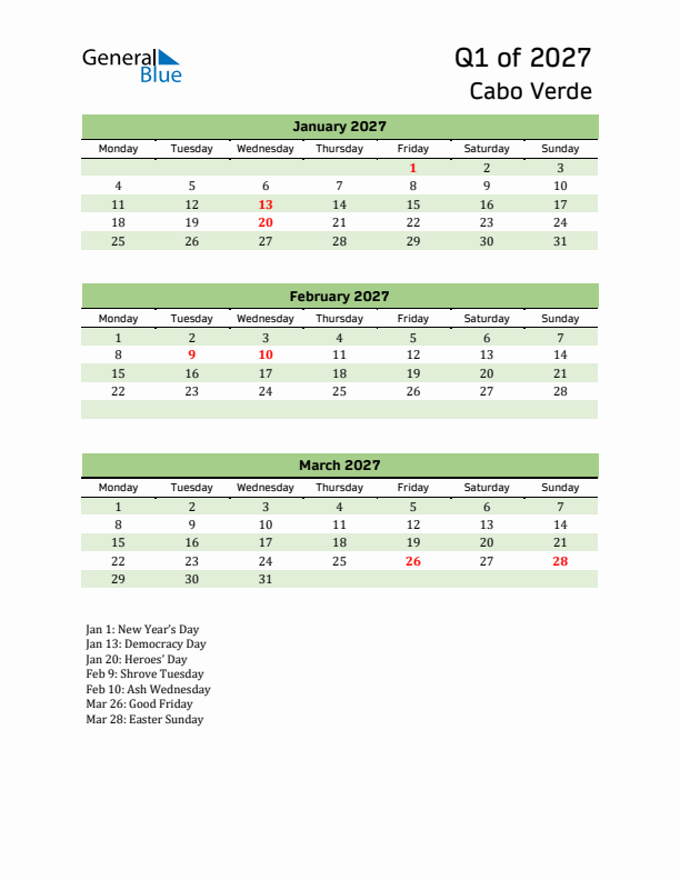 Quarterly Calendar 2027 with Cabo Verde Holidays