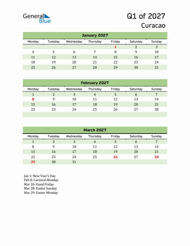 Quarterly Calendar 2027 with Curacao Holidays