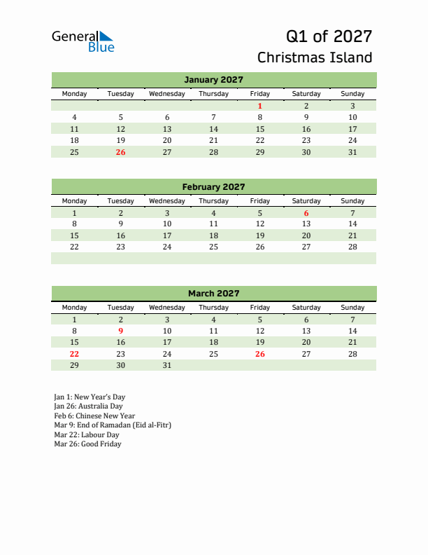 Quarterly Calendar 2027 with Christmas Island Holidays