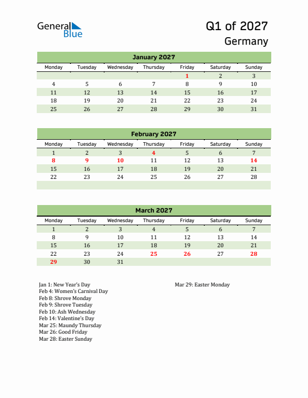 Quarterly Calendar 2027 with Germany Holidays