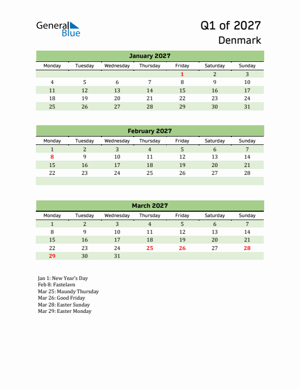 Quarterly Calendar 2027 with Denmark Holidays