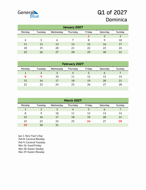 Quarterly Calendar 2027 with Dominica Holidays