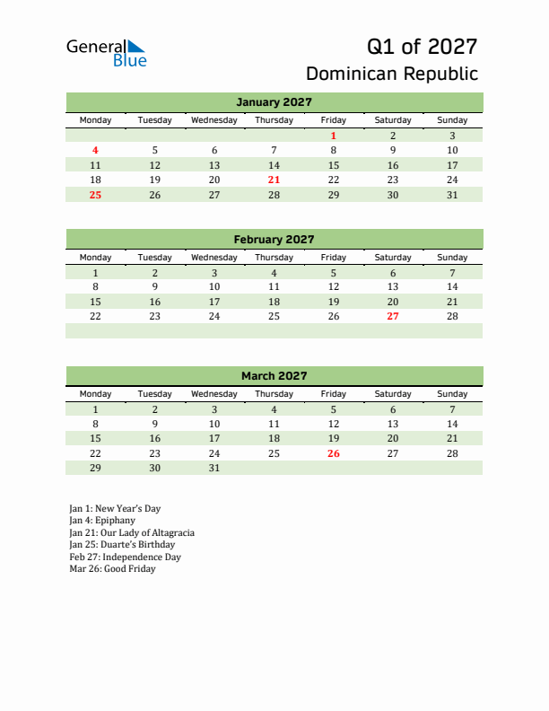 Quarterly Calendar 2027 with Dominican Republic Holidays