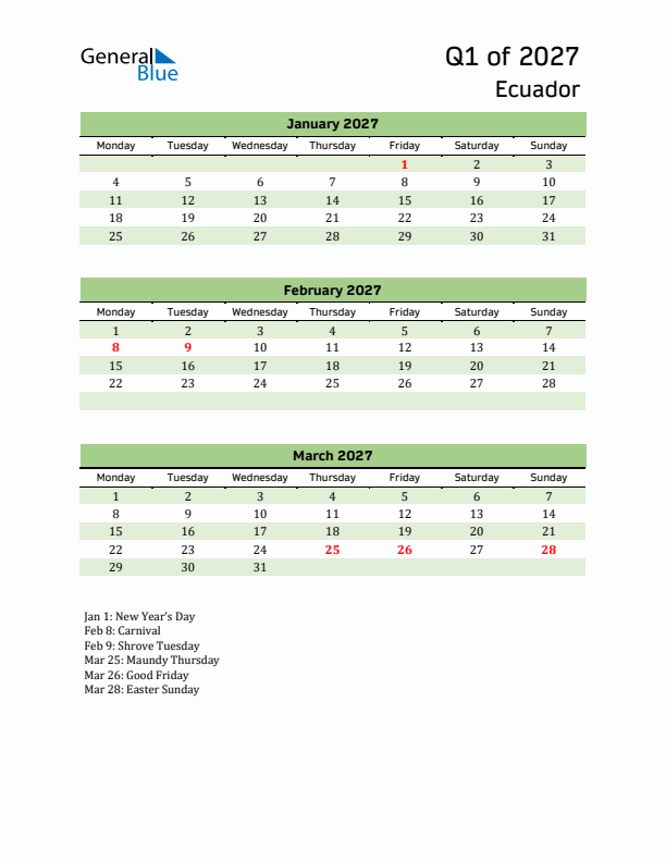 Quarterly Calendar 2027 with Ecuador Holidays