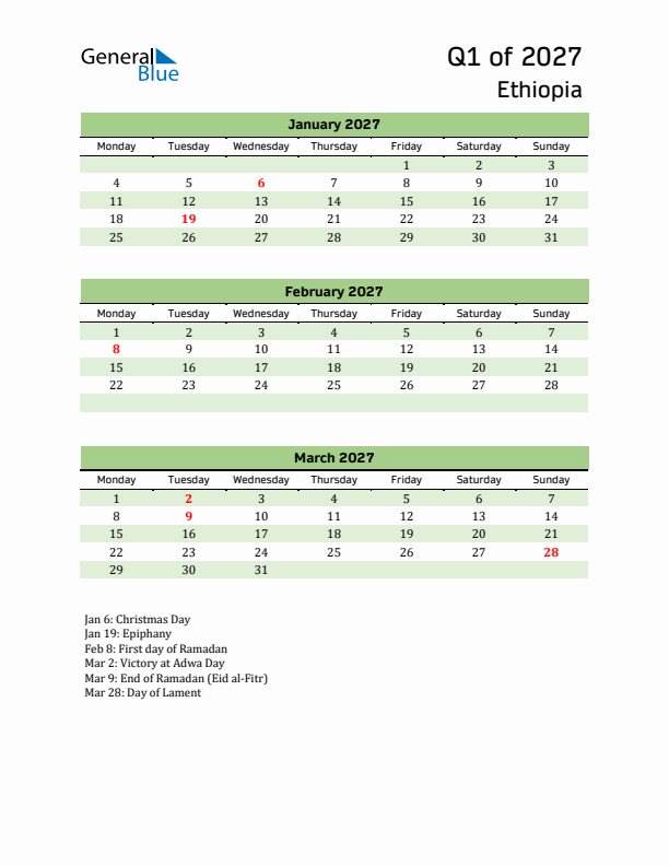 Quarterly Calendar 2027 with Ethiopia Holidays